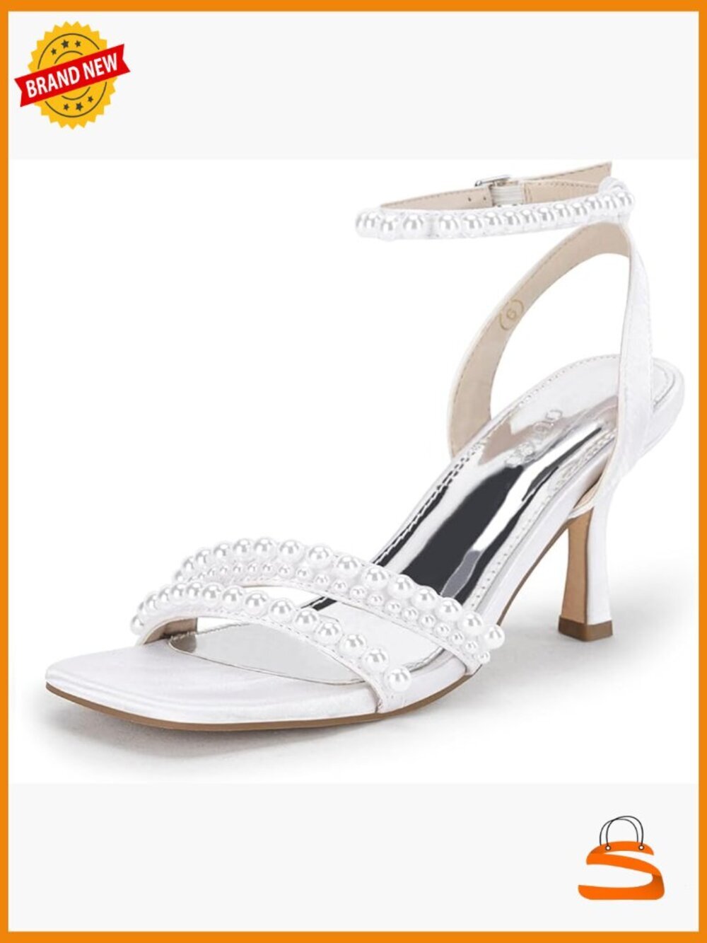 Pearl Kitten Heel Sandals Square Open Toe Ankle Strap Satin Wedding Party